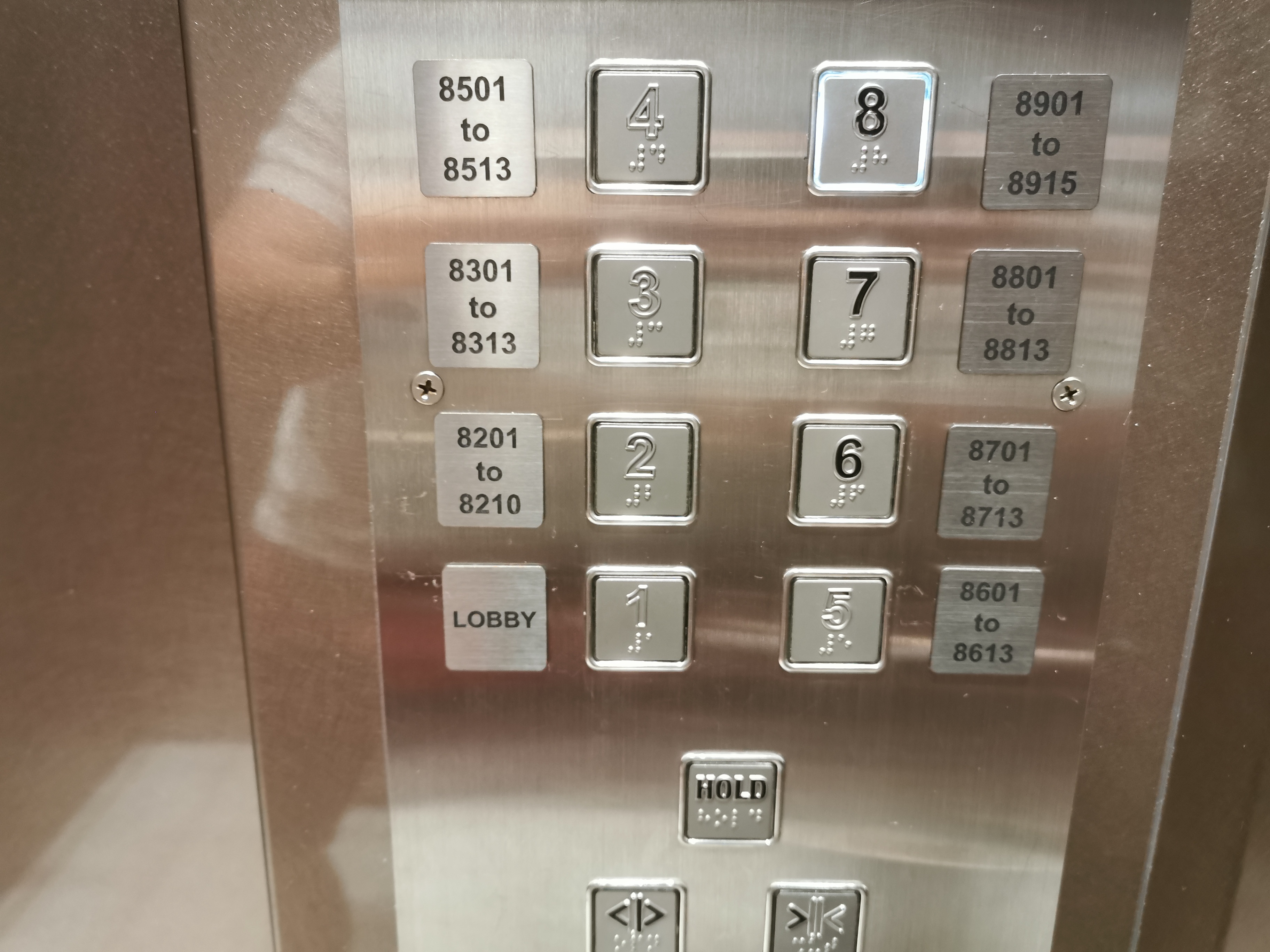 Ji Hotel Lift: All rooms start with digit "8"